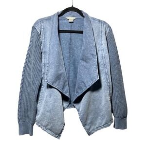 Natural Reflections Blue Washed Cotton Waterfall‎ Cardigan Jacket Knit Sleeves L